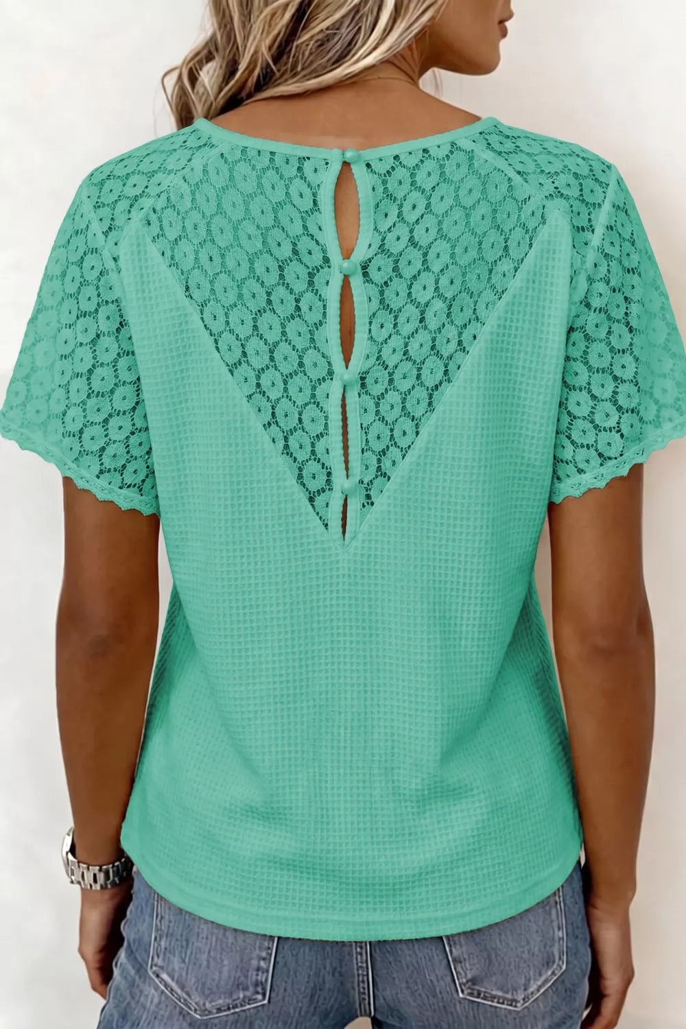 Turquoise waffle knit v neck top with lace trim front view