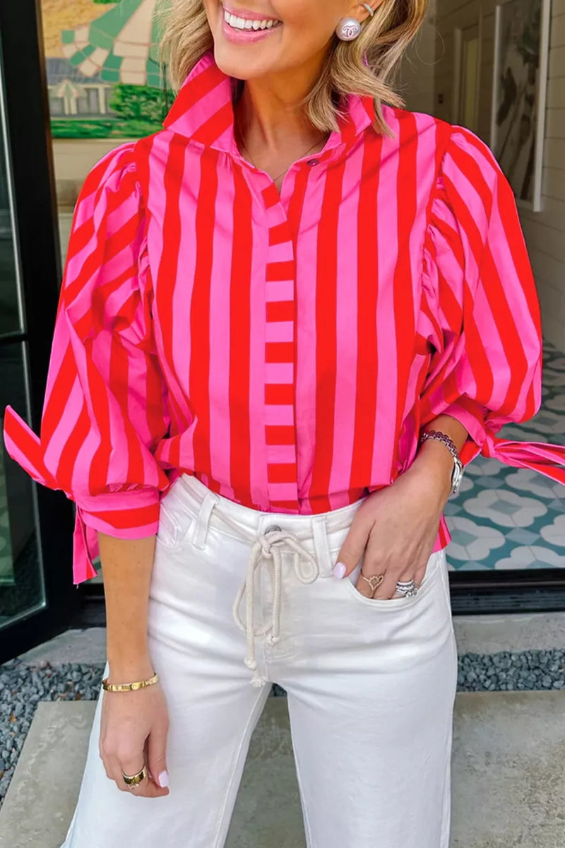 Deep rose striped puff sleeve blouse front view