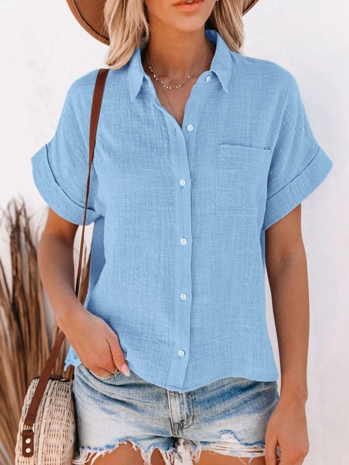 Sky blue cotton shirt styled look
