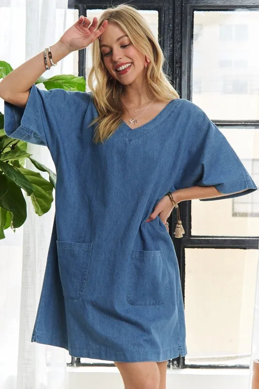 Peacock blue V neck half sleeve mini denim dress front view