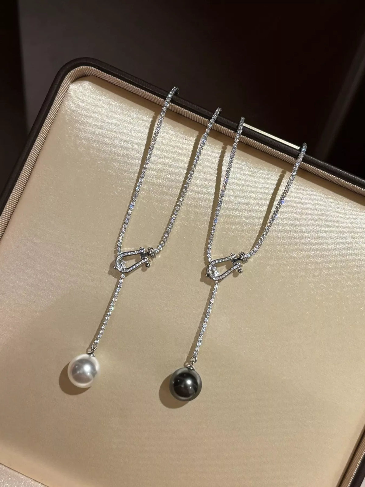 Pearl drop Y necklace with zircon accents, front view
