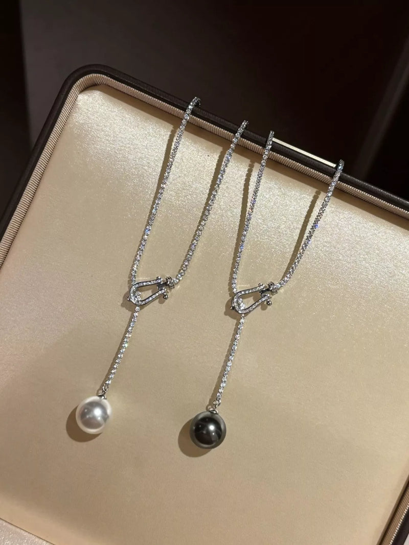 Pearl drop Y necklace with zircon accents, front view