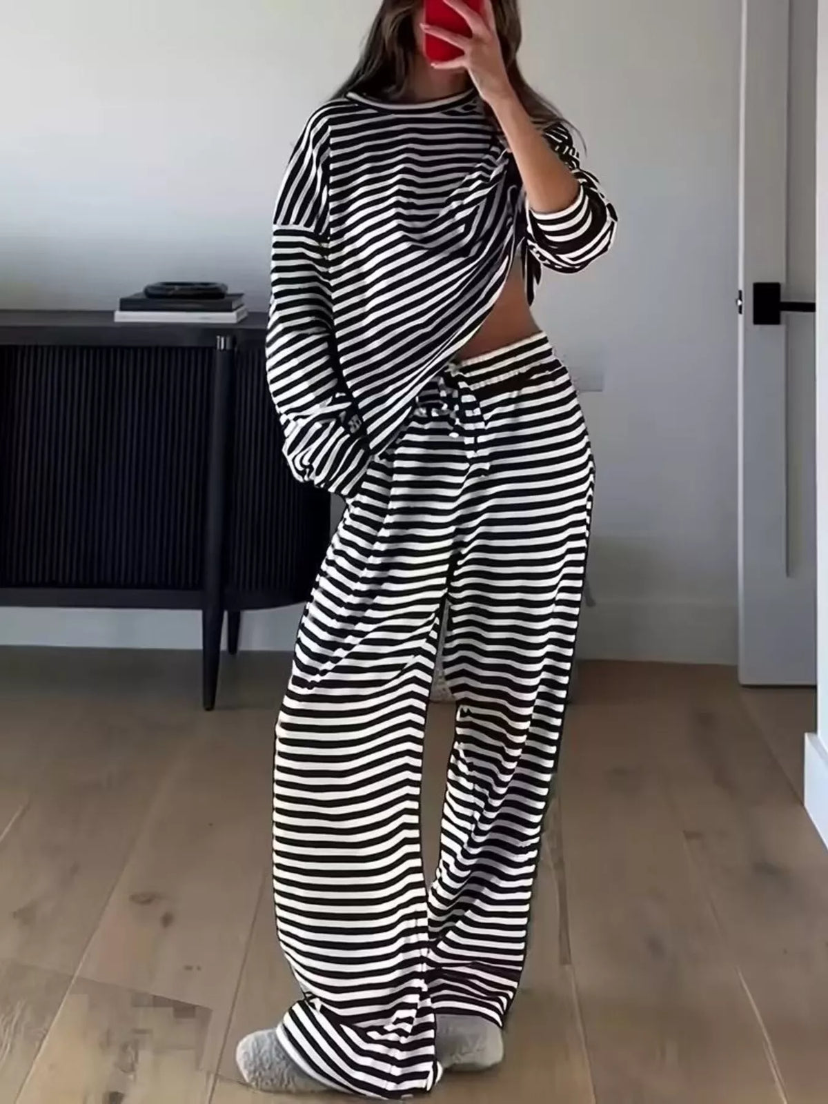 Striped pants set back view