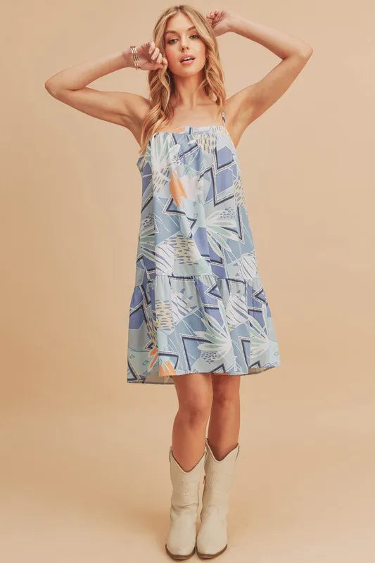 Printed ruffled hem square neck mini cami dress in light blue front view