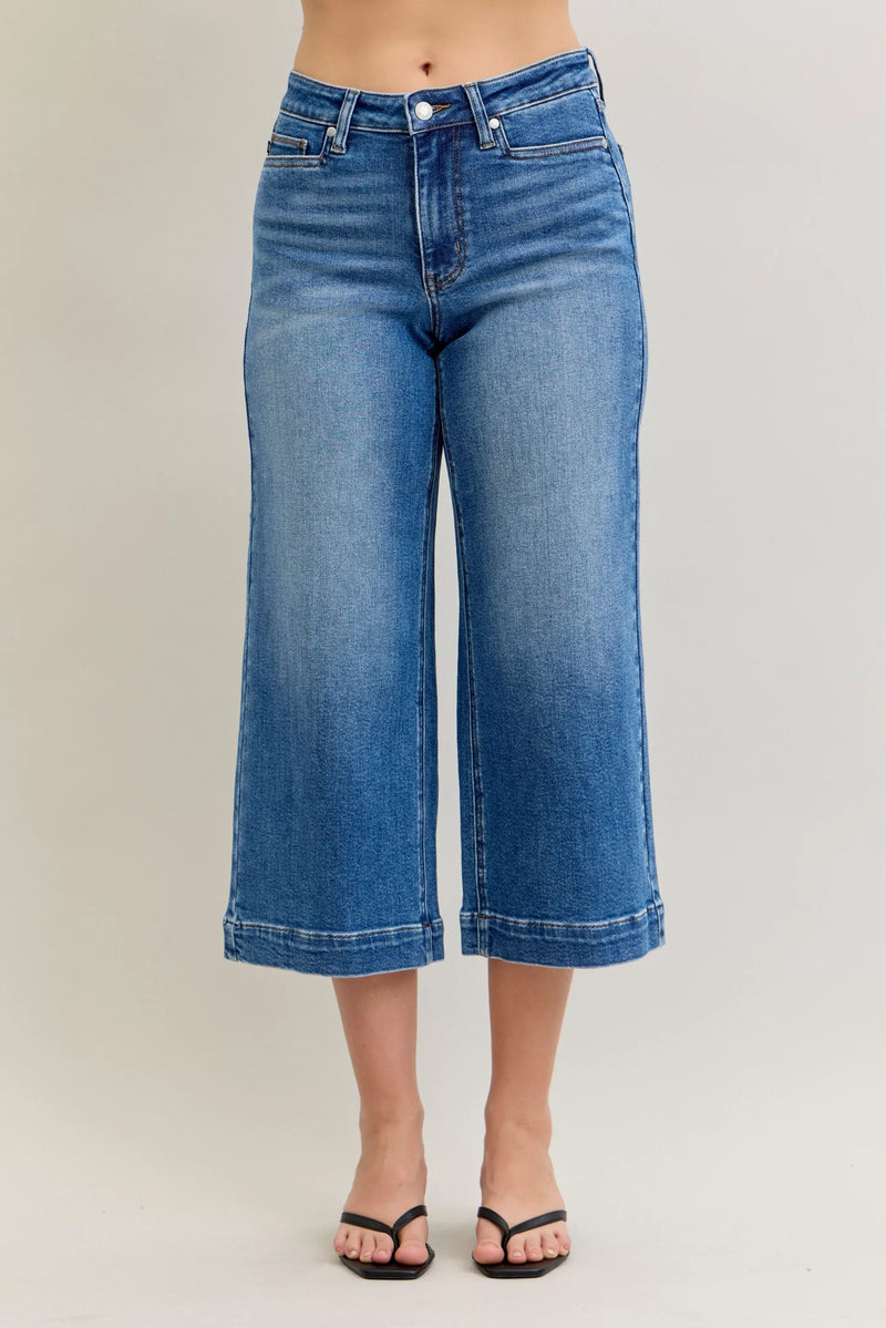 Judy Blue medium wash crop wide leg jeans front view