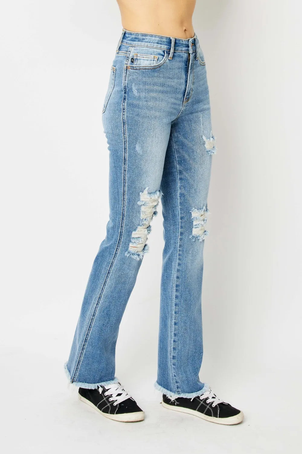 Judy Blue Distressed Raw Hem Bootcut Jeans – Full Size Denim - Fashorio
