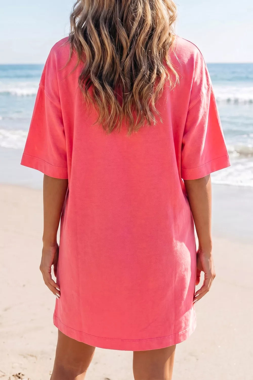 Strawberry coral drop shoulder t shirt mini dress styled outfit view