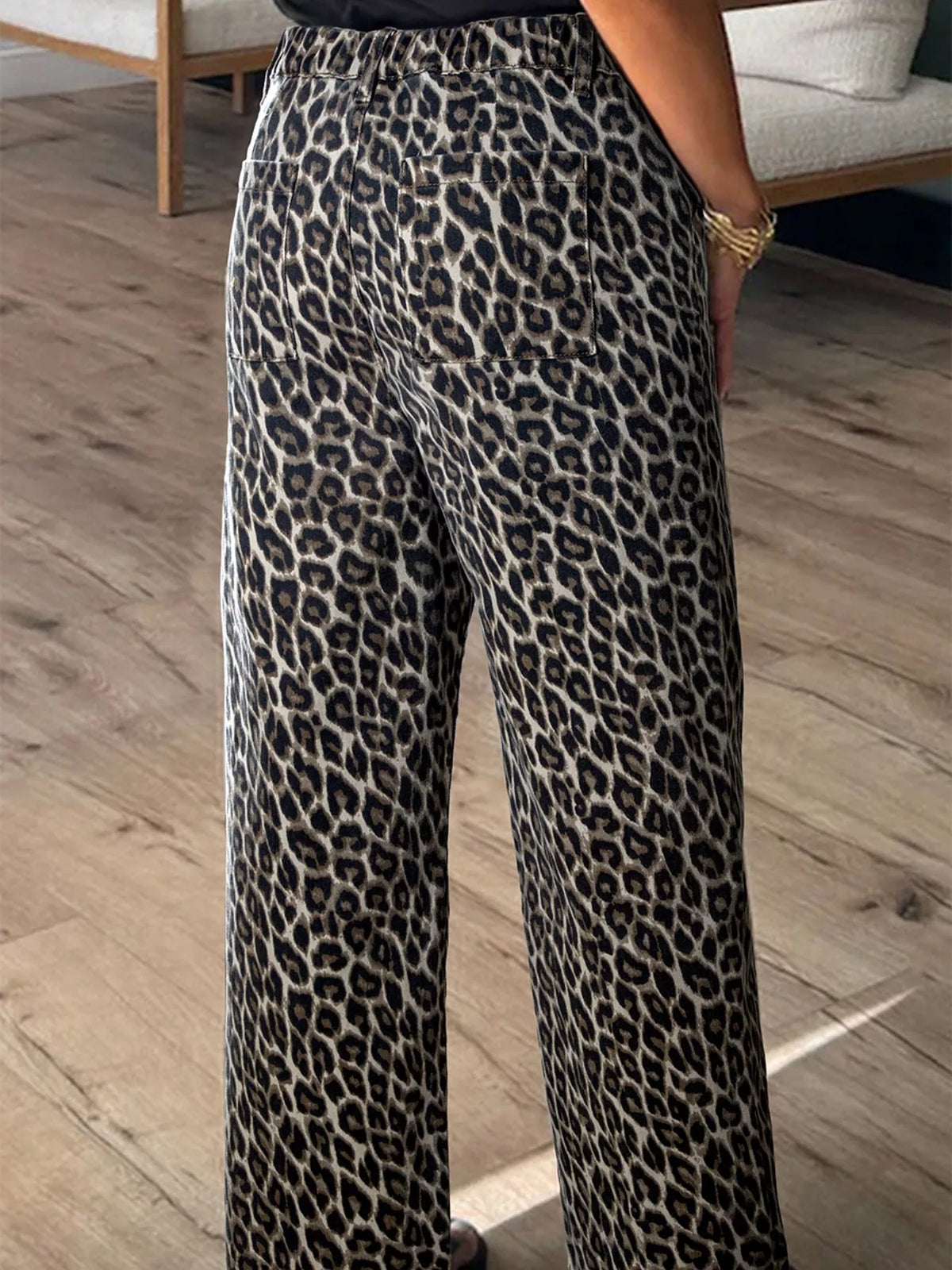 Animal print straight leg denim side profile