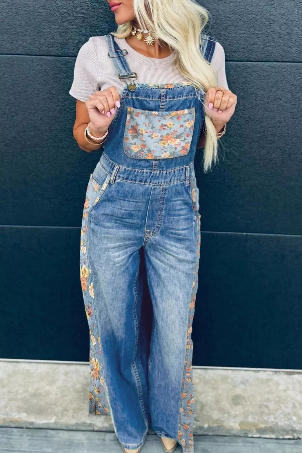 Denim overall vintage rose print detail