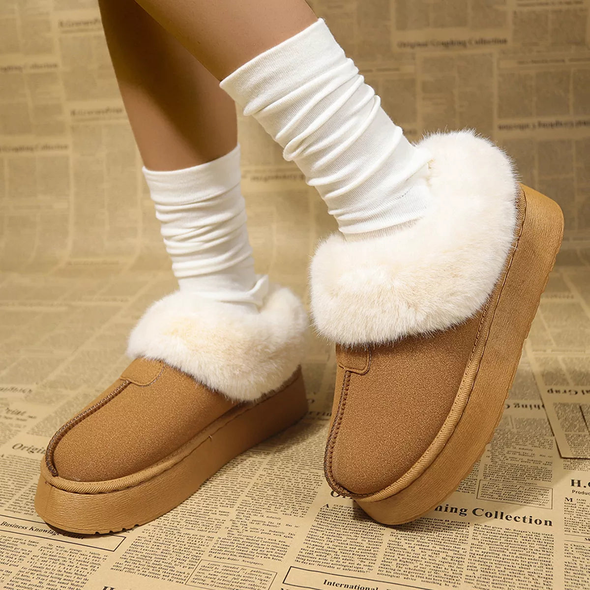 Fuzzy trim platform boots styled with denim