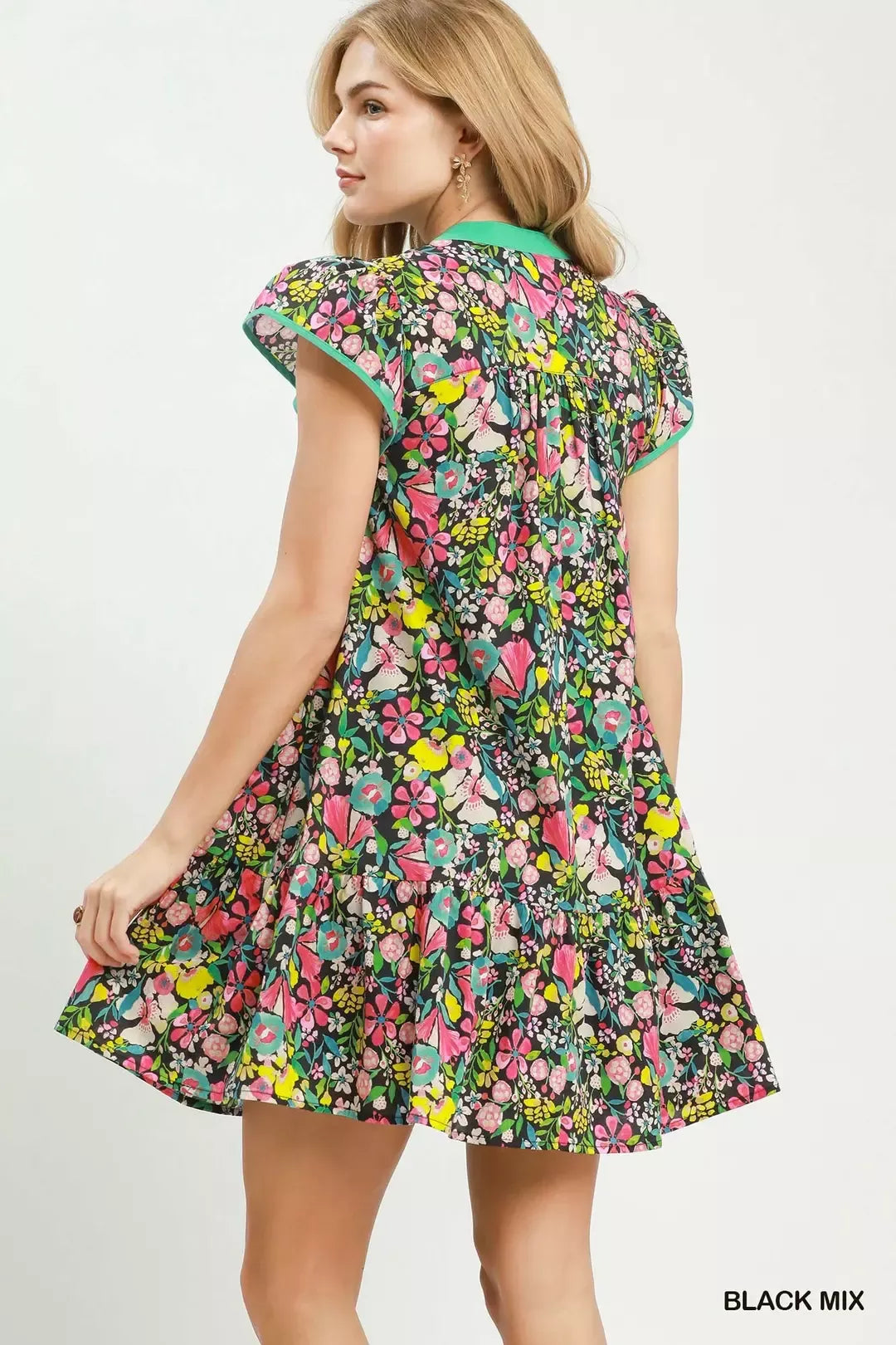 Floral Flutter Sleeve Tiered Mini Dress in Black side view