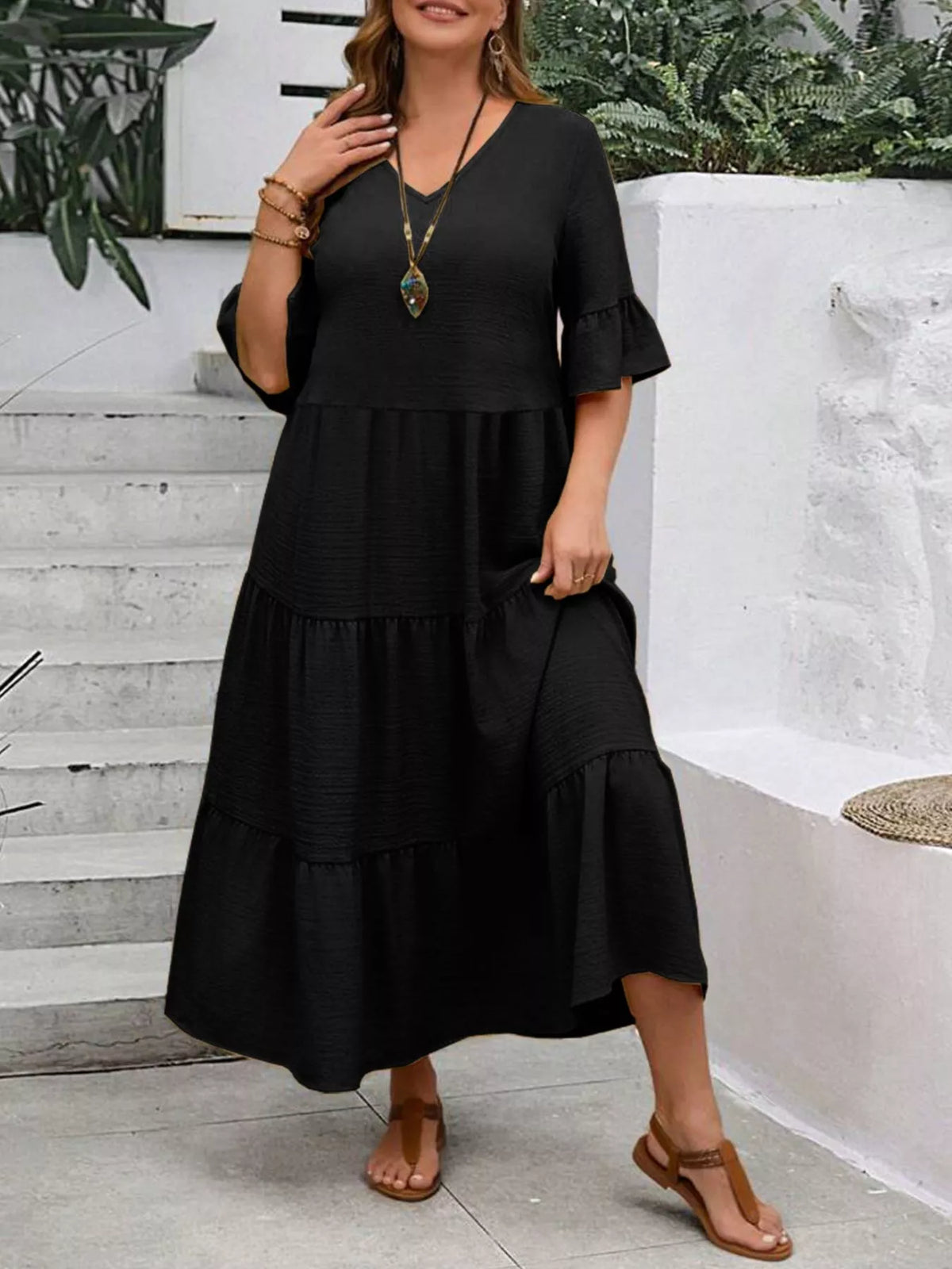 Plus size tiered midi dress side profile