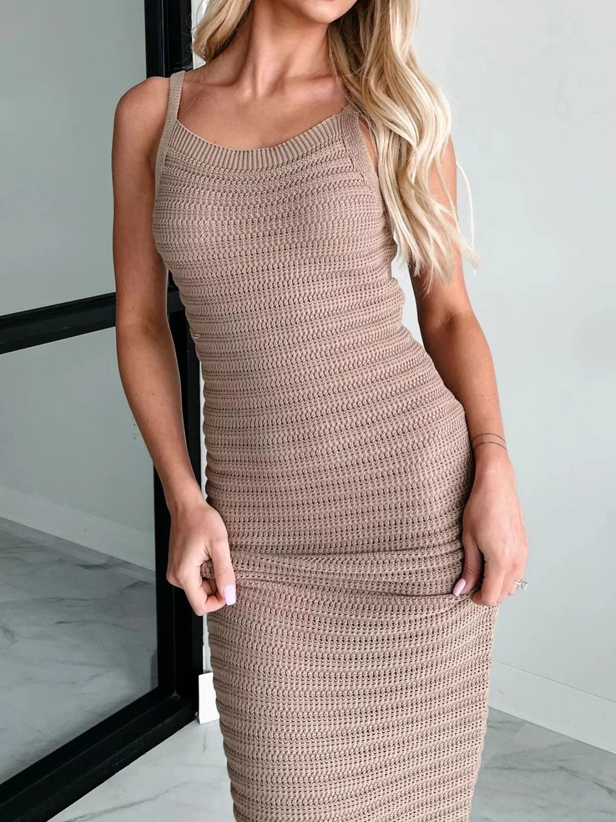 Camel knit dress back view