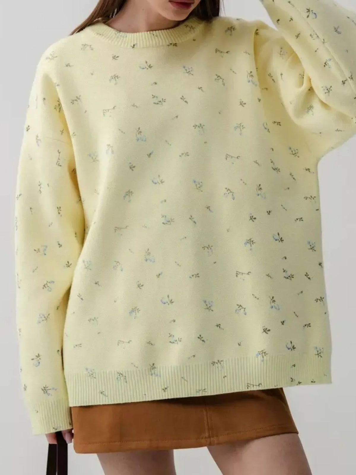 ribbed hem floral long sleeve sweater knit texture close up