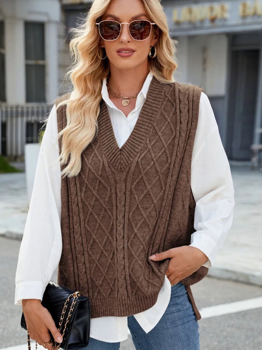 Cable Knit V Neck Sweater Vest in Gray close up