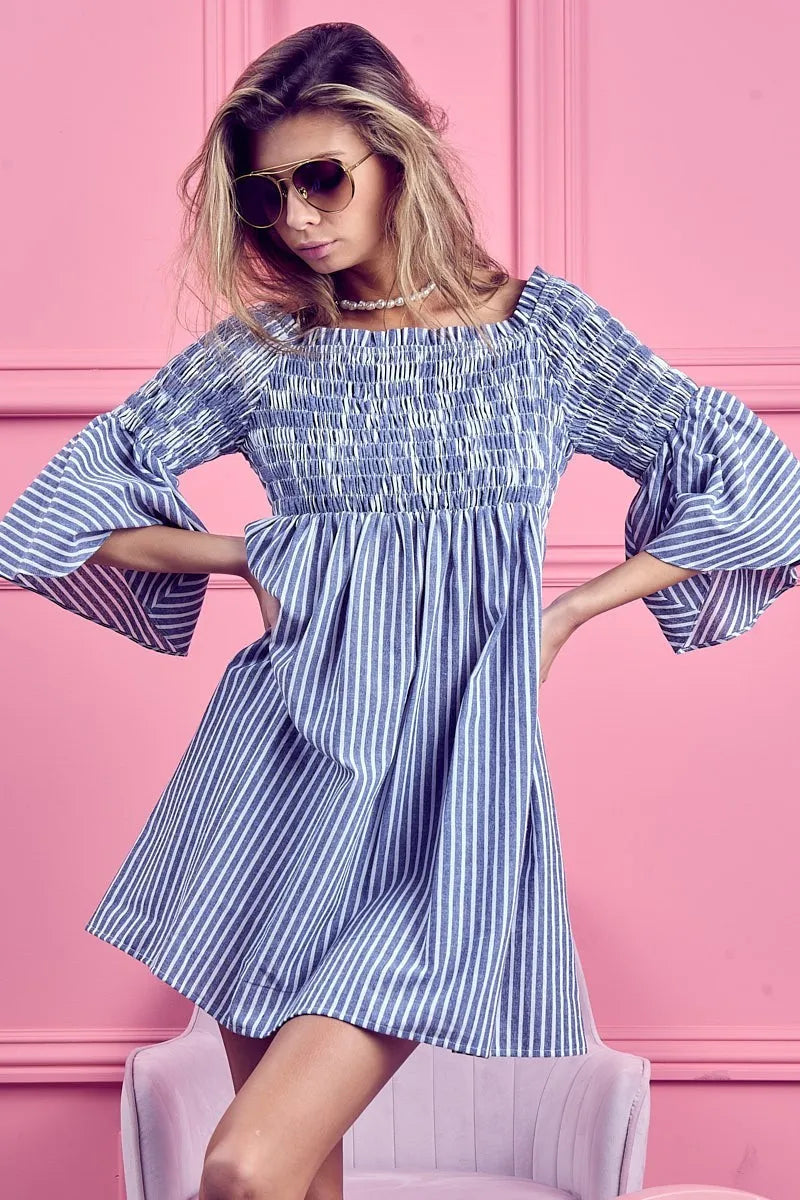 Smocked Off Shoulder Striped Dress styled look