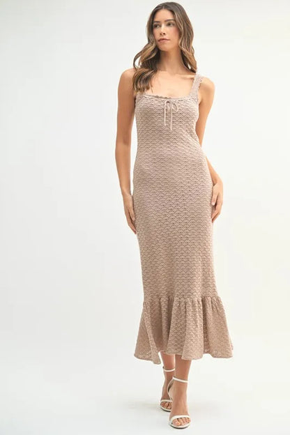 MABLE Ruffled Hem Sleeveless Crochet Knit Midi Dress - Fashorio