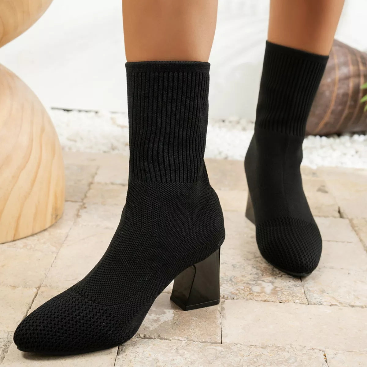 Pointed Toe Knit Sock Boots heel and sole detail