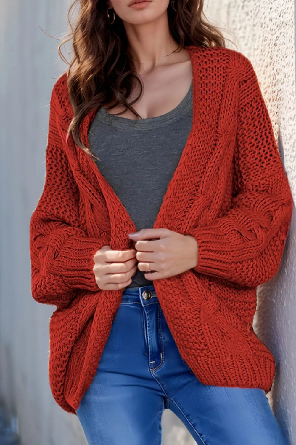 Cable-Knit Open Front Cardigan Burgundy - Fashorio