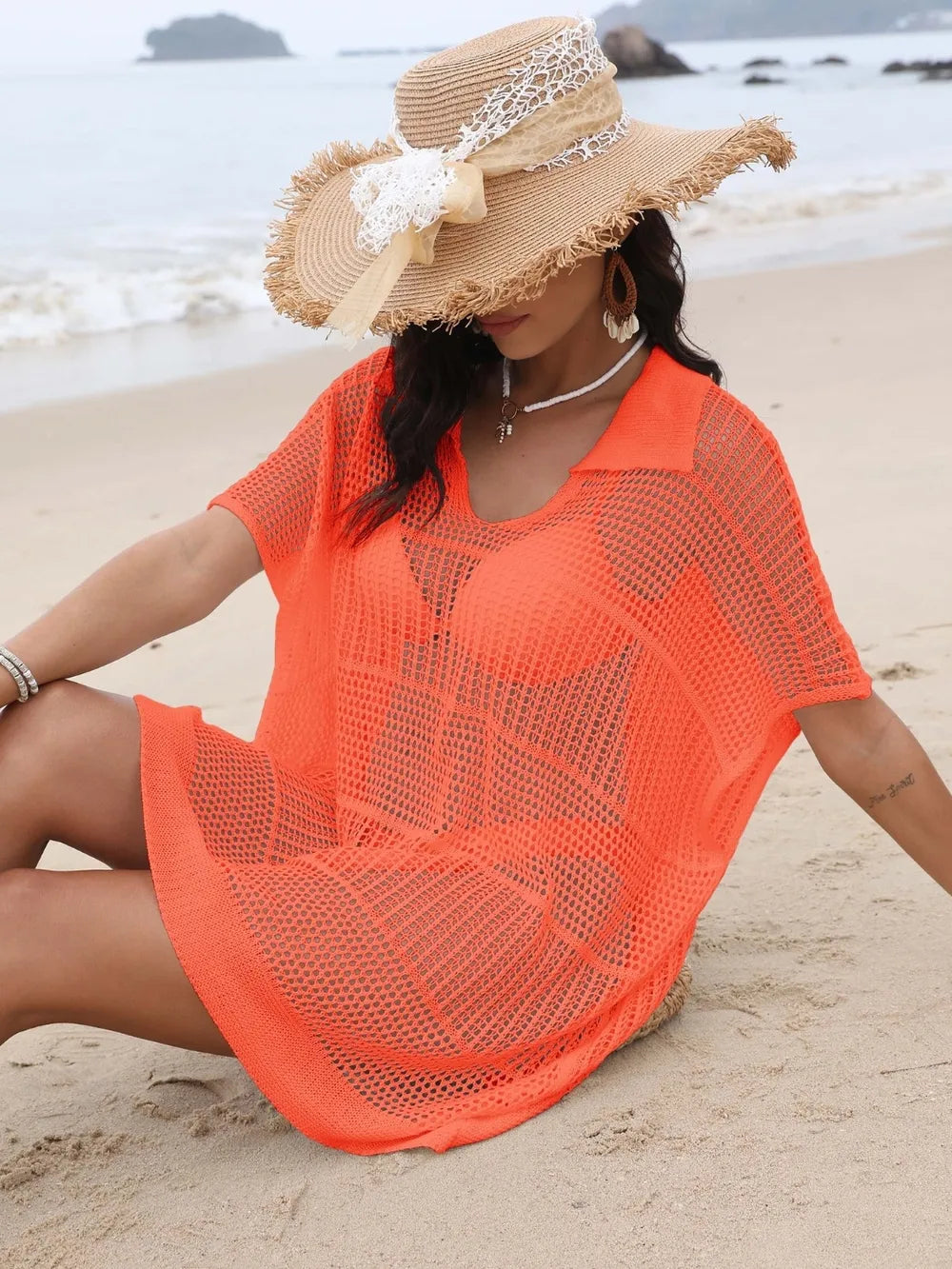 Hollow Out Collared Kimono Cover Up, view 13