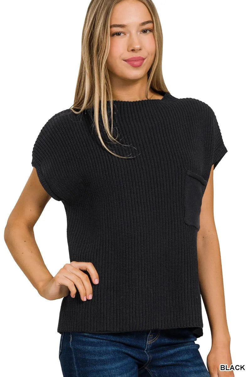 Mock Neck Short Sleeve Sweater in Black