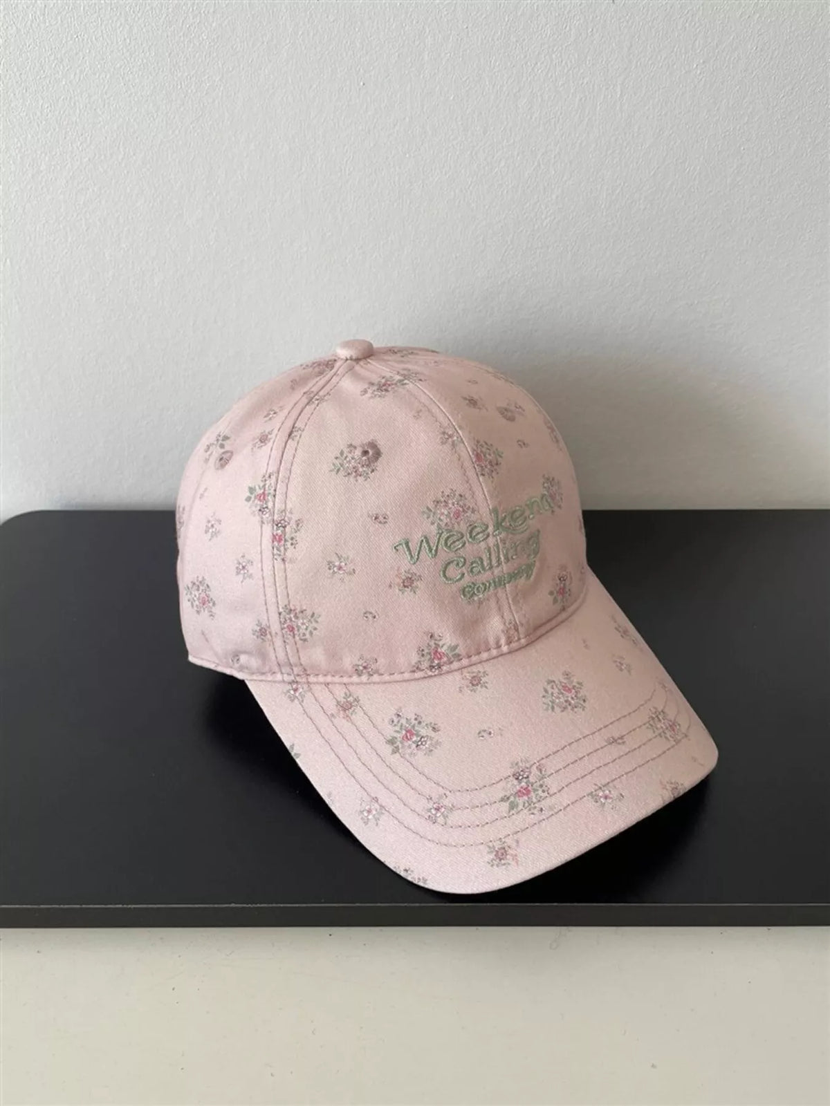 floral embroidered baseball cap fabric detail