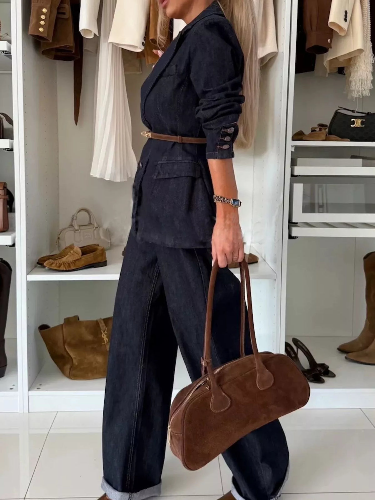 Dark navy wide leg jeans styled look