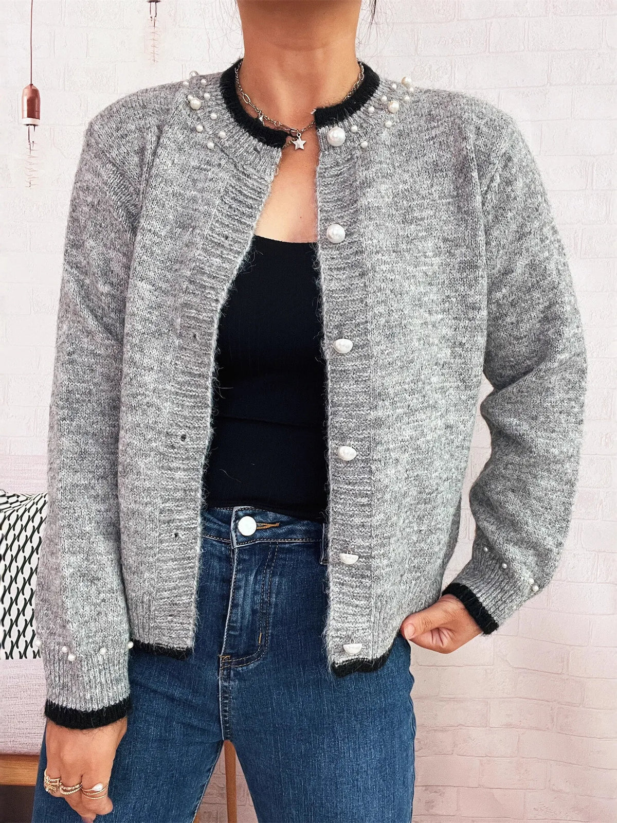 pearl button front ribbed cardigan styling detail