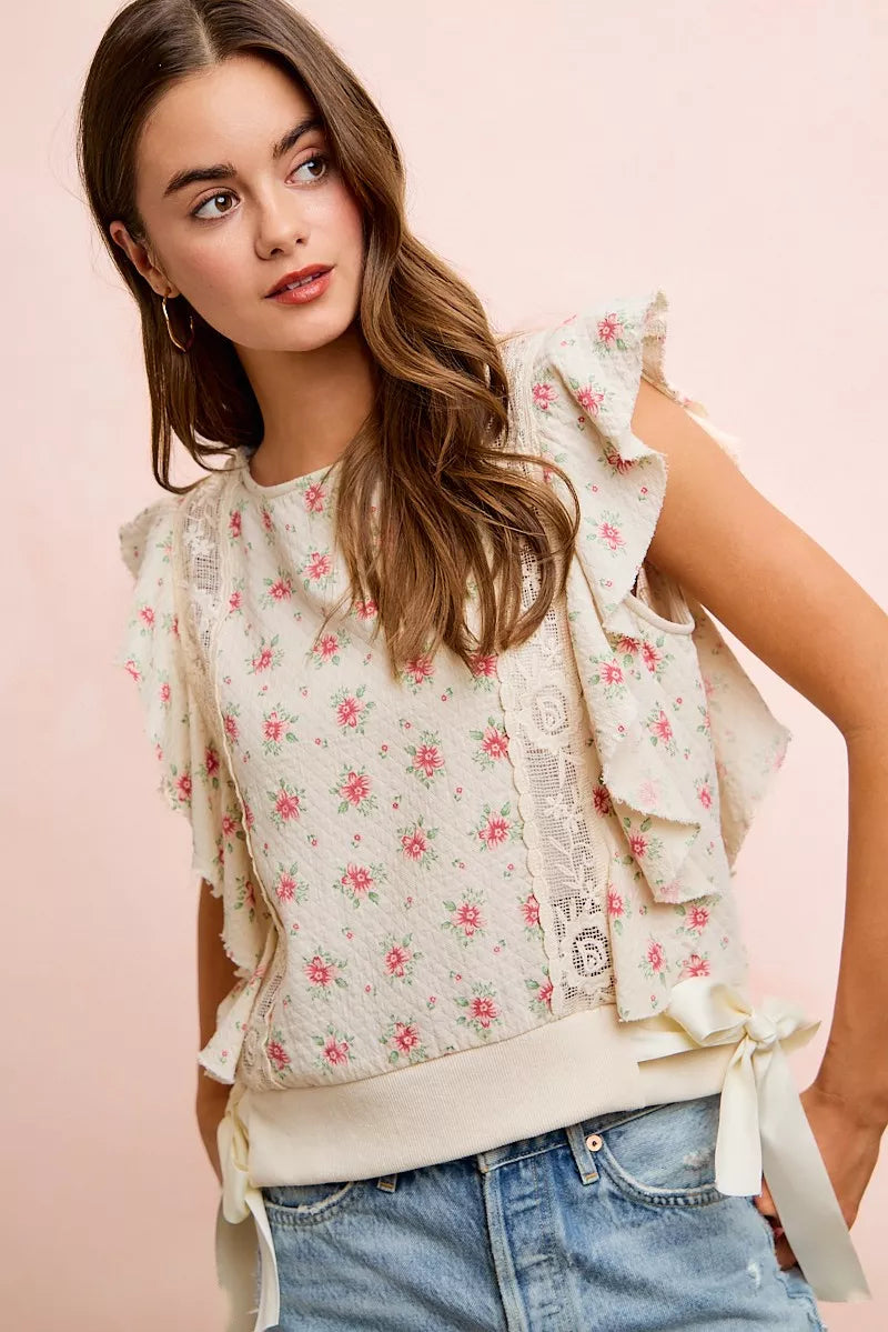 Floral Print Ruffle Sleeve Top, view 44
