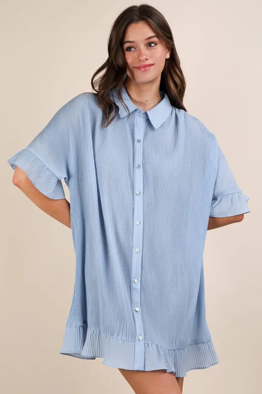 Pleated Button Down Mini Dress in Sky Blue
