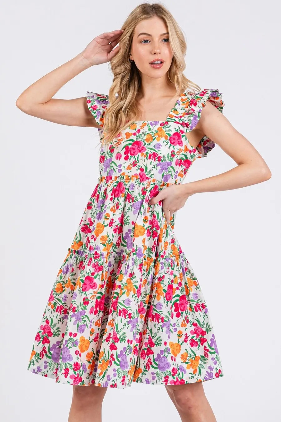 Floral Ruffle Shoulder A Line Mini Dress in Ivory side view