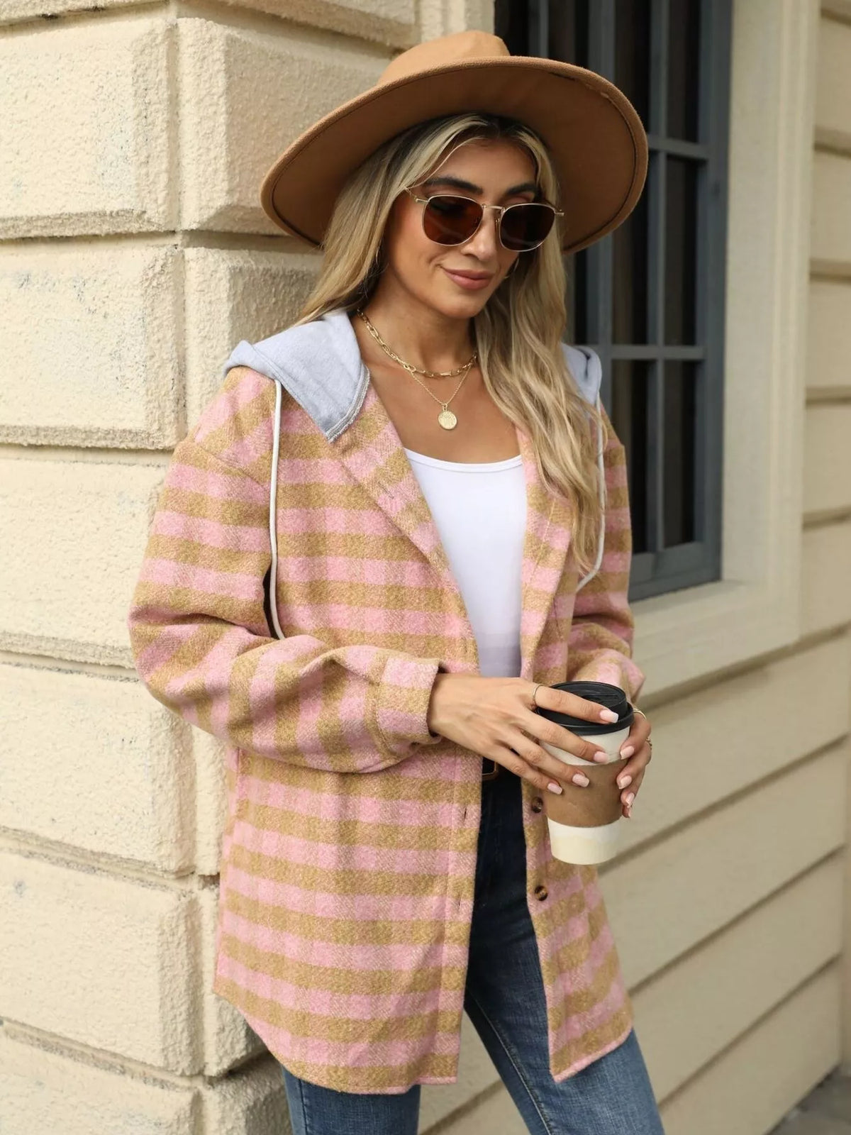 Plaid Hooded Drawstring Jacket in Black view 16