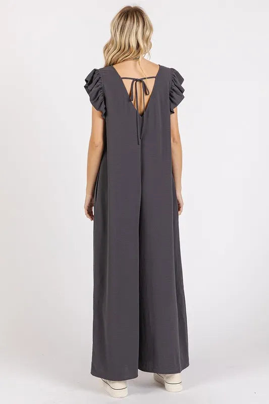 V Neck Ruffled Cap Sleeve Wide Leg Jumpsuit back view