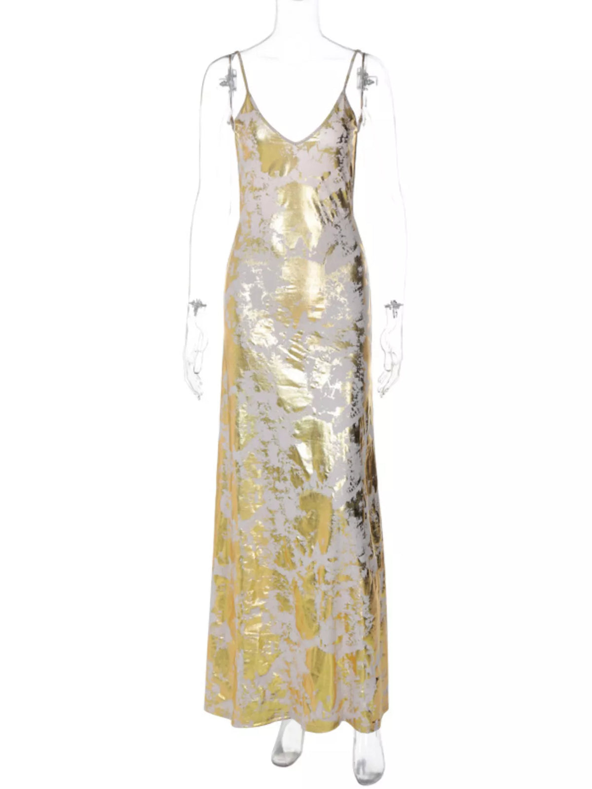 Gold V neck maxi dress evening styled look