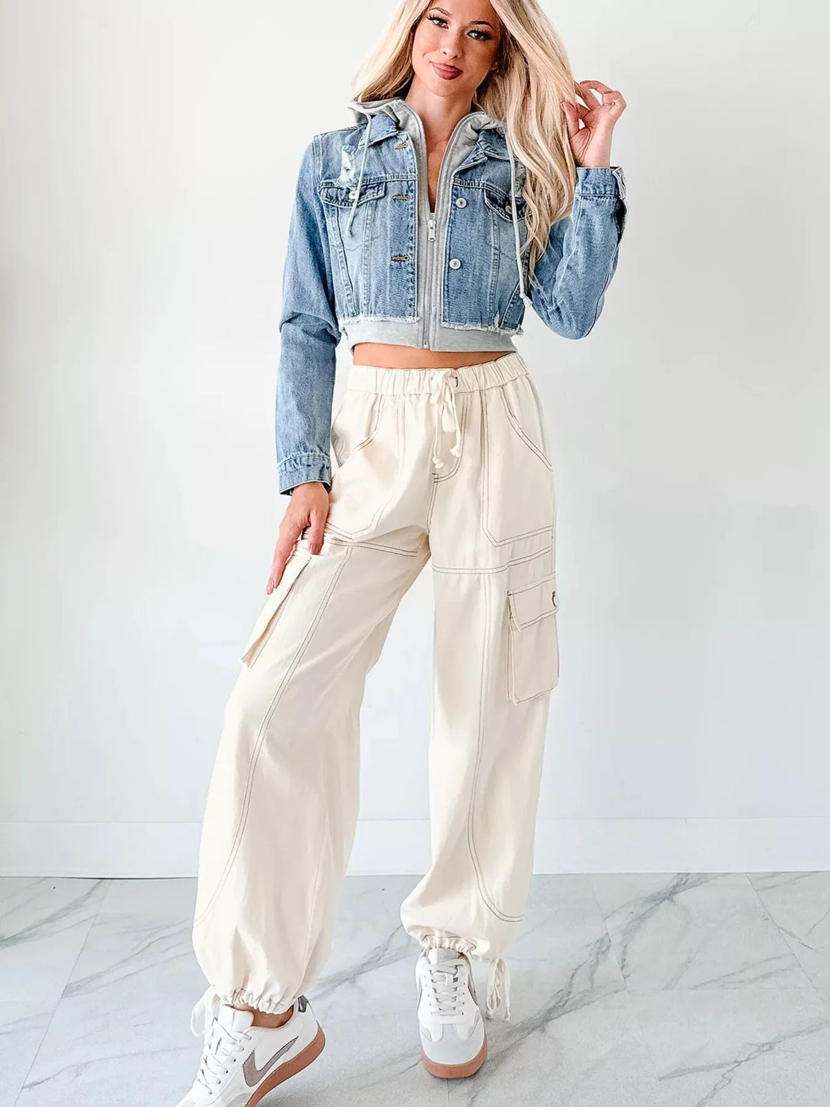 Distressed Cropped Hooded Denim Jacket in Light Blue view 19