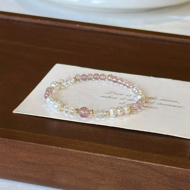 White pearl and crystal beaded bracelet front view