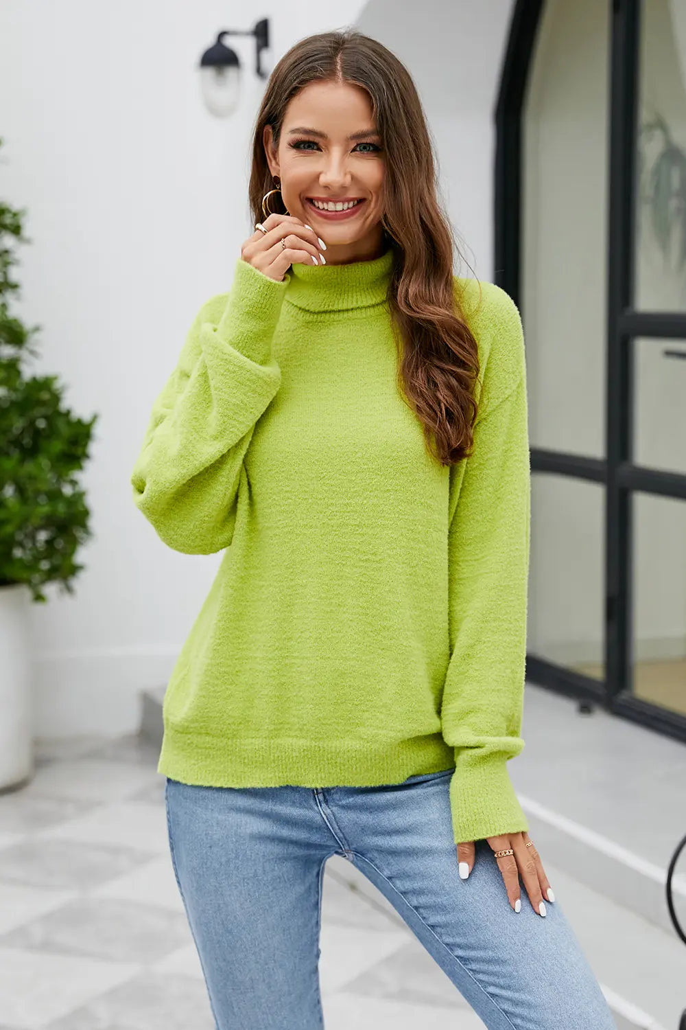 Mock Neck Dropped Shoulder Long Sleeve Sweater - Fashorio