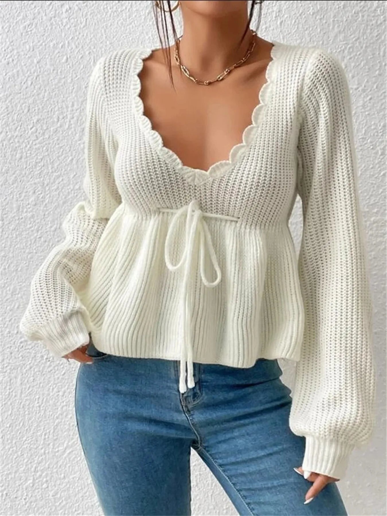 Scalloped V-Neck Drawstring Knit Top White - Fashorio