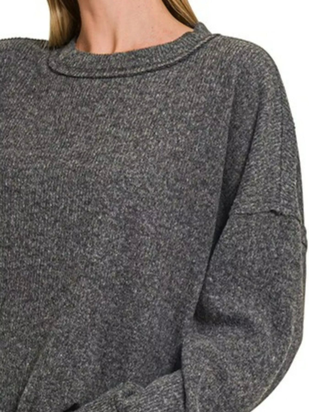 Brushed Ribbed Hacci Drop Shoulder Sweater Plus Size in Black back view