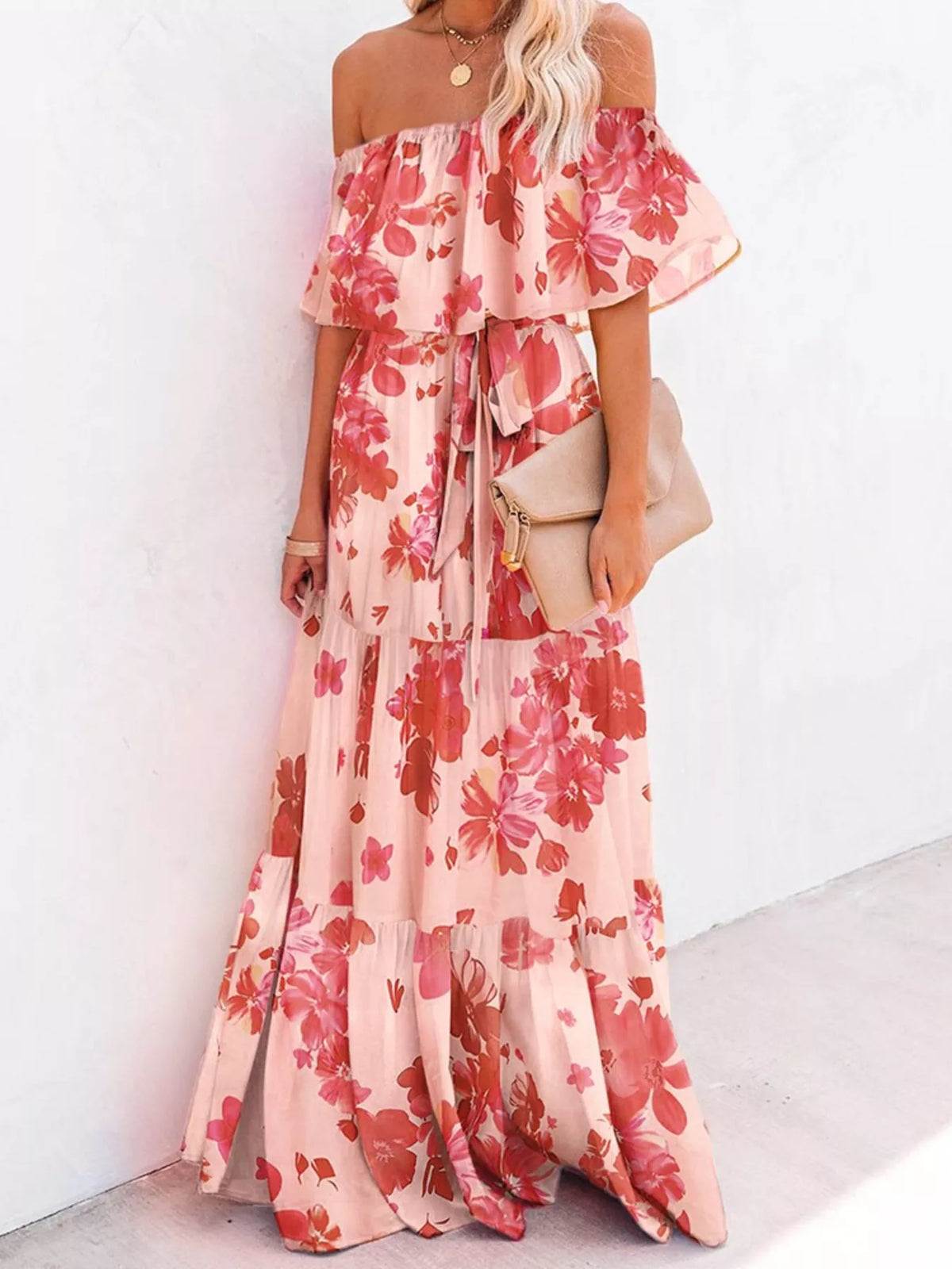Off shoulder tiered maxi dress front view floral print