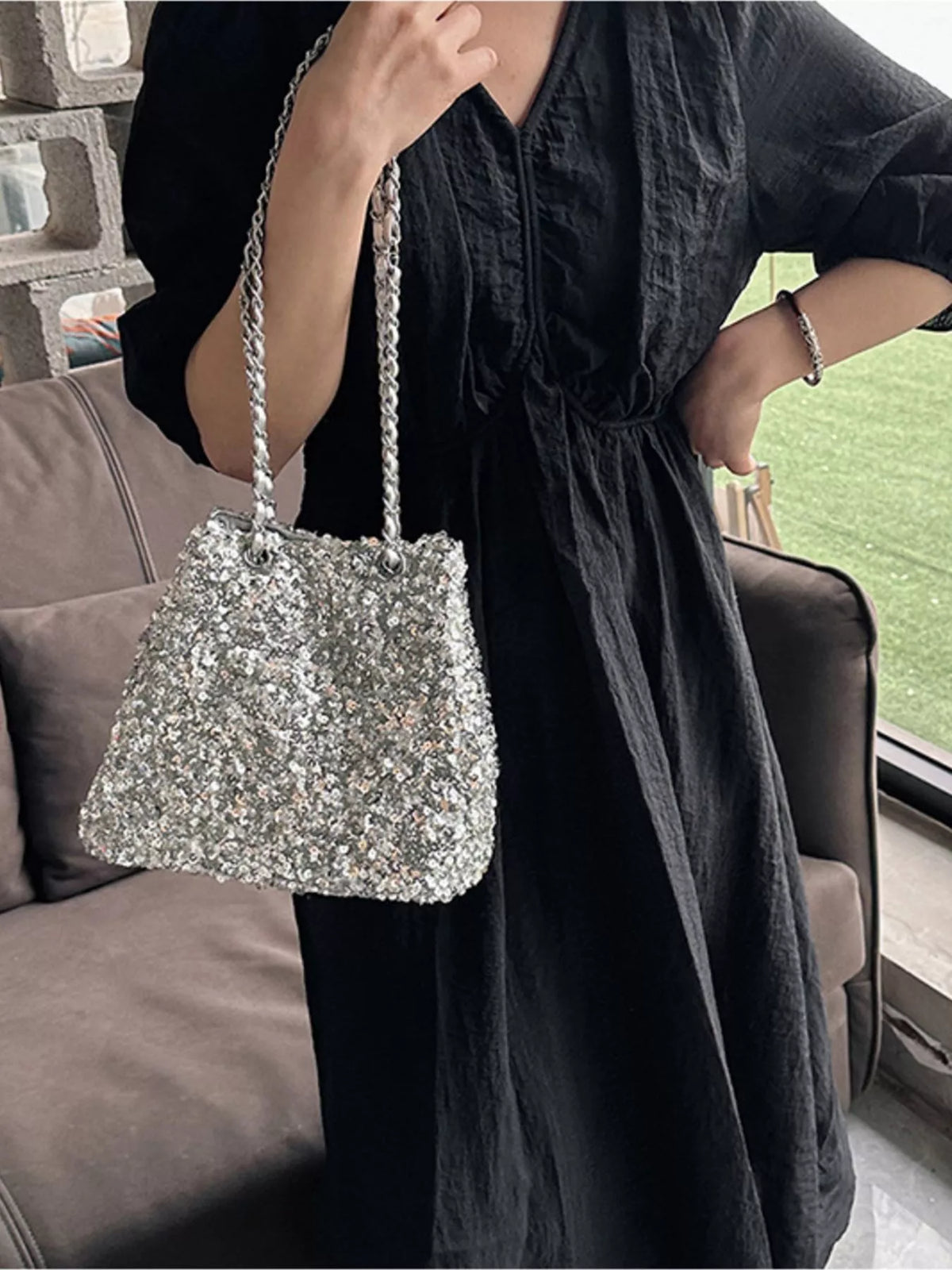 Sequin bucket bag in silver colorway