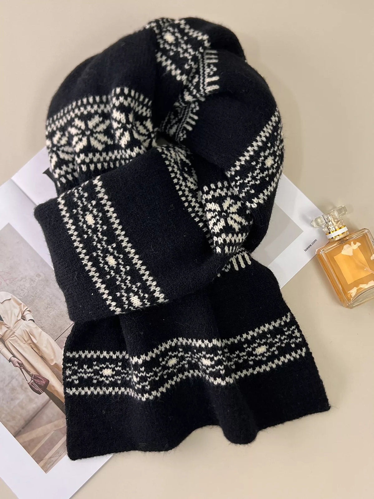 Wool blend snowflake scarf styled with a knit