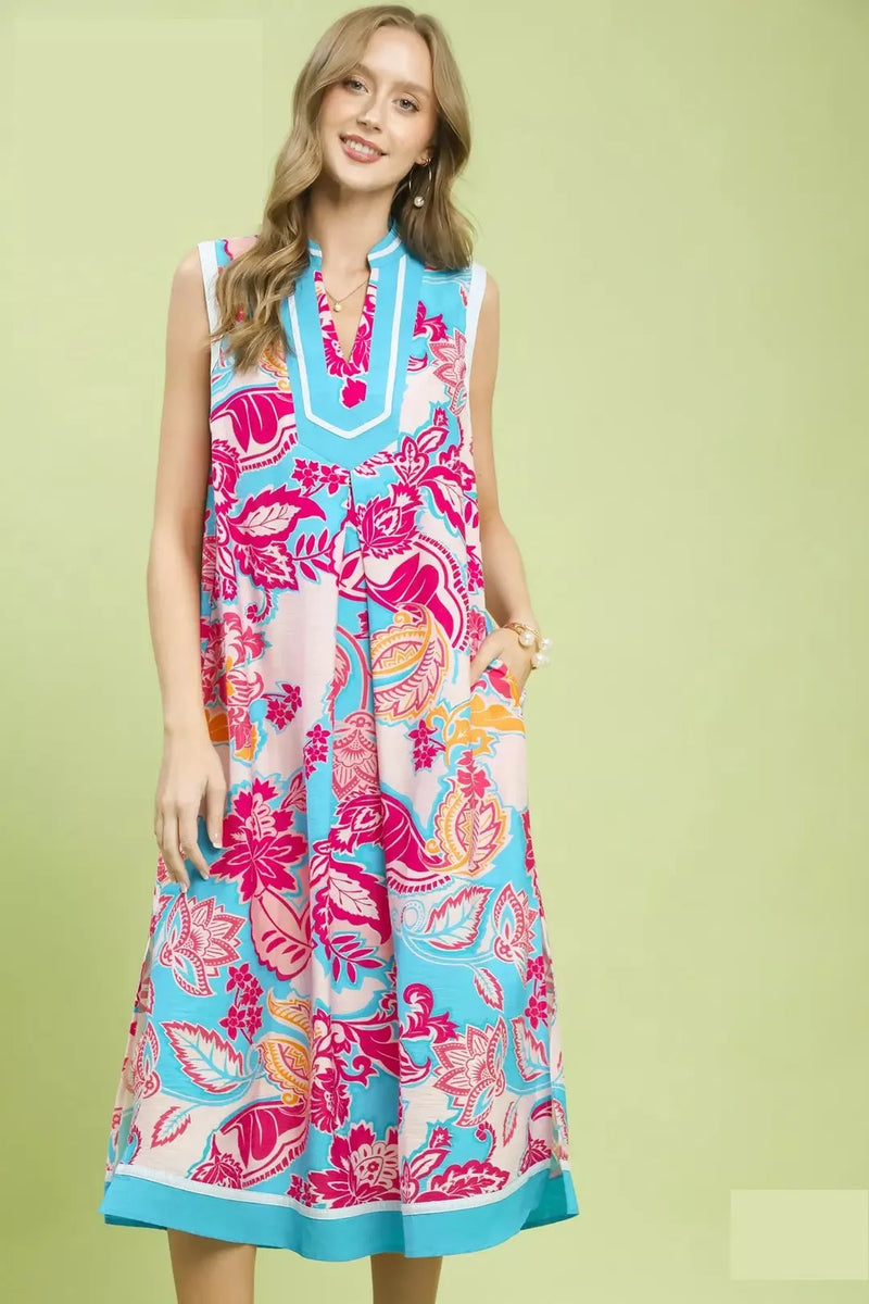 Floral Sleeveless Midi Dress with Side Pockets