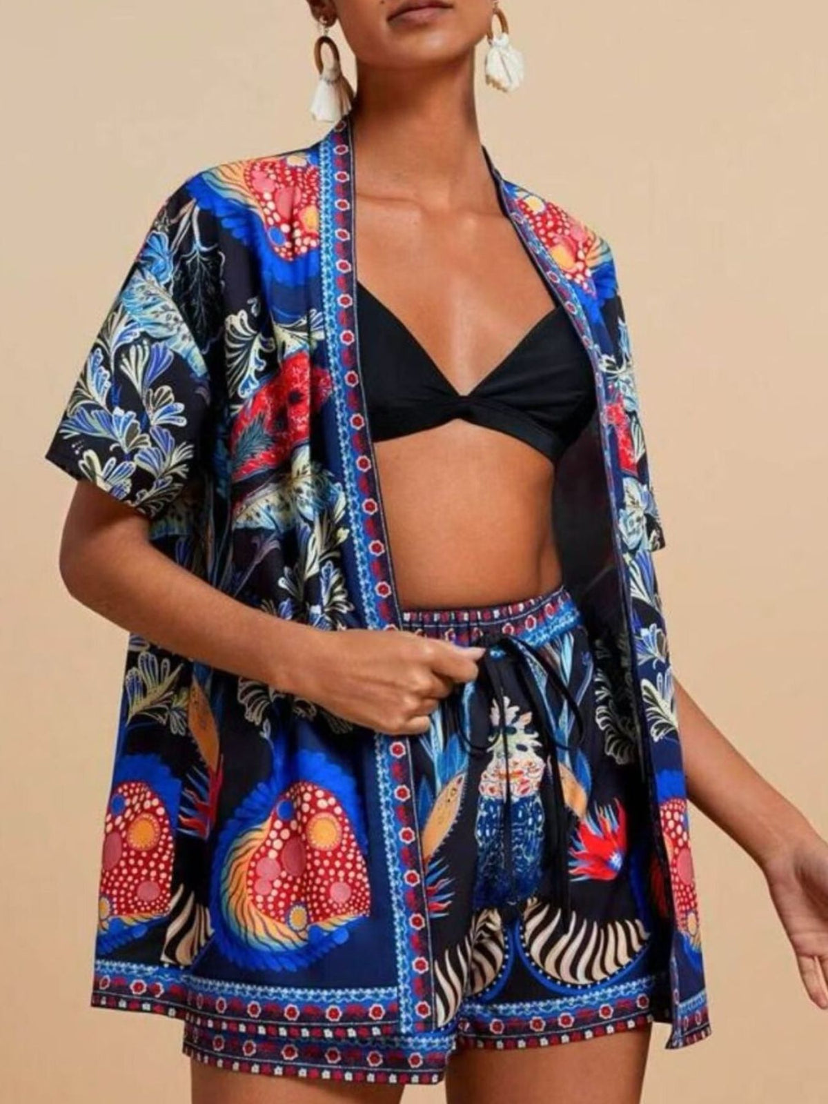 Printed open front cardigan and shorts two piece set front view