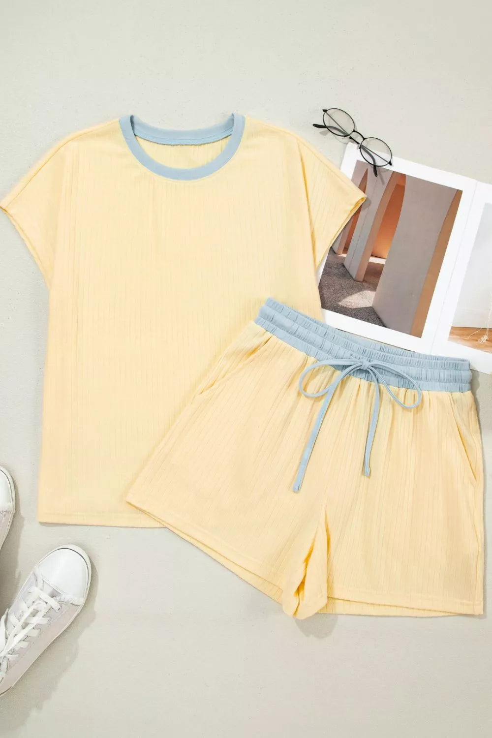 Soft Ribbed Color Block Casual Short Set, view 8