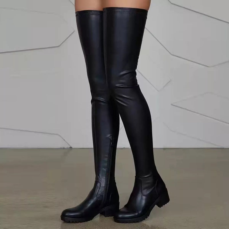 over the knee block heel boots front view