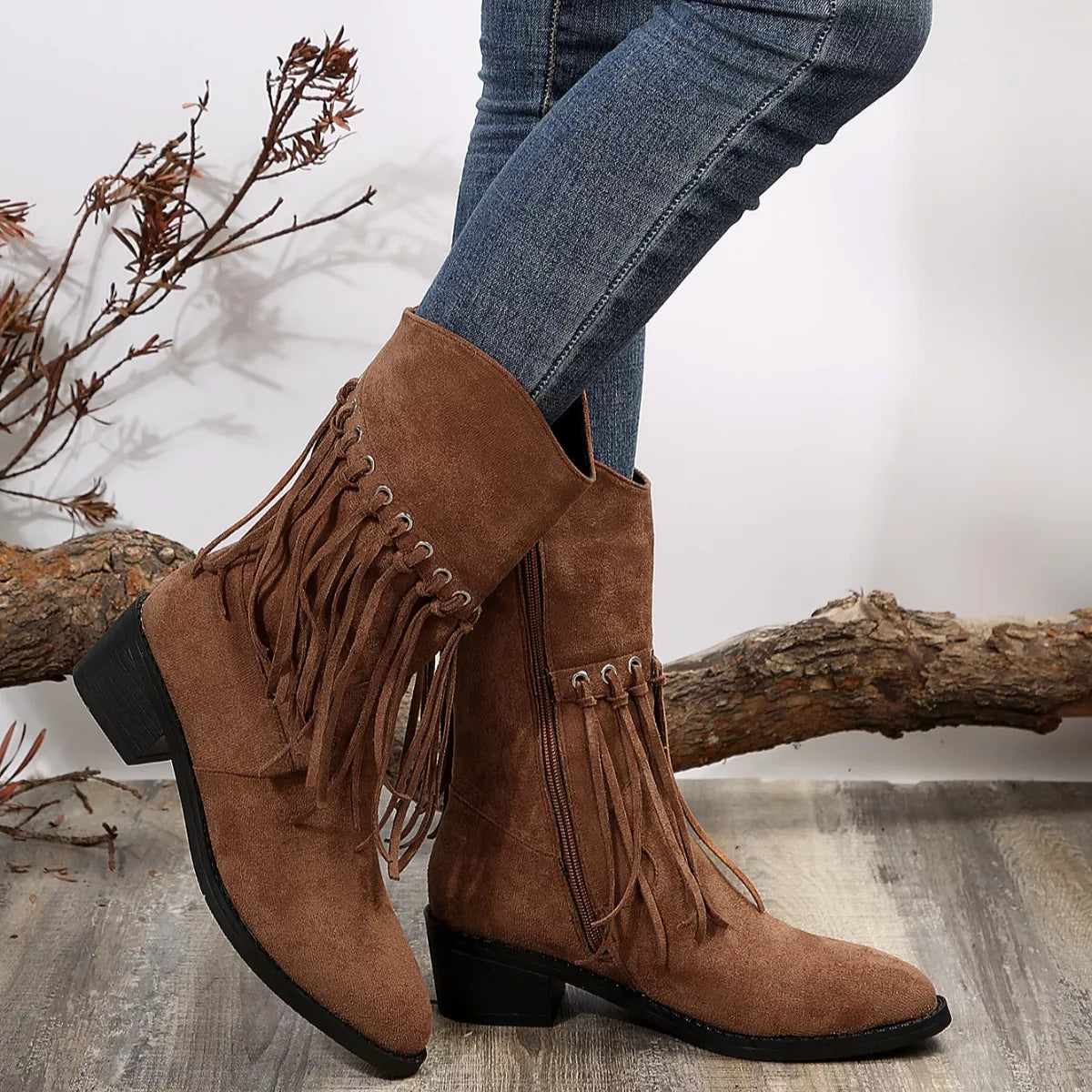 Fringe Western Block Heel Boots full length view