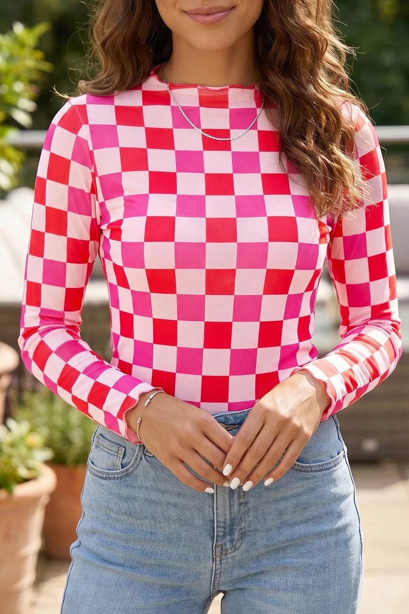 Plaid heart mesh sheer high neck top, front view
