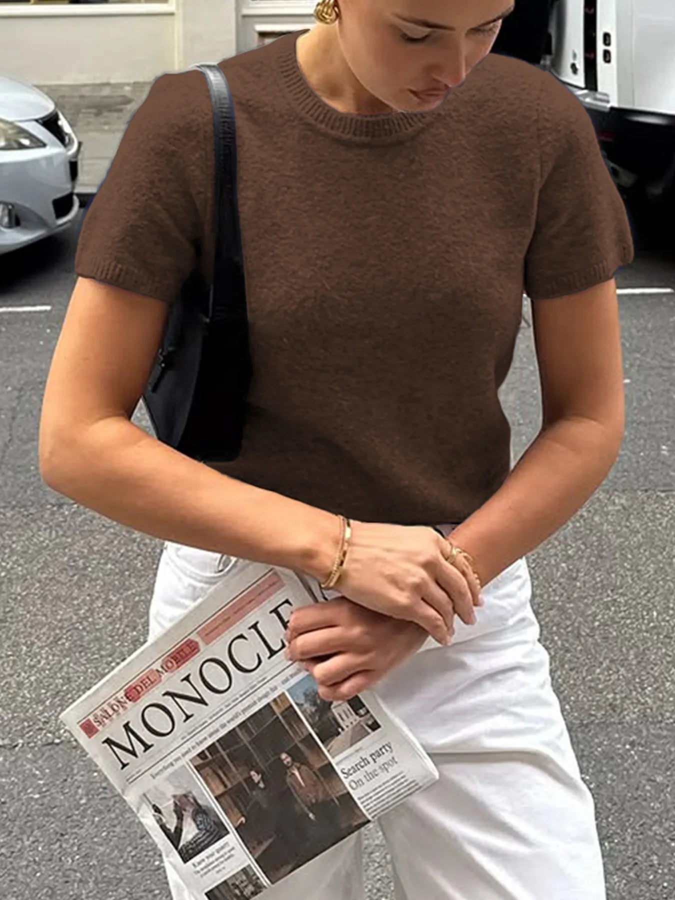 Round Neck Short Sleeve Sweater Brown - Fashorio