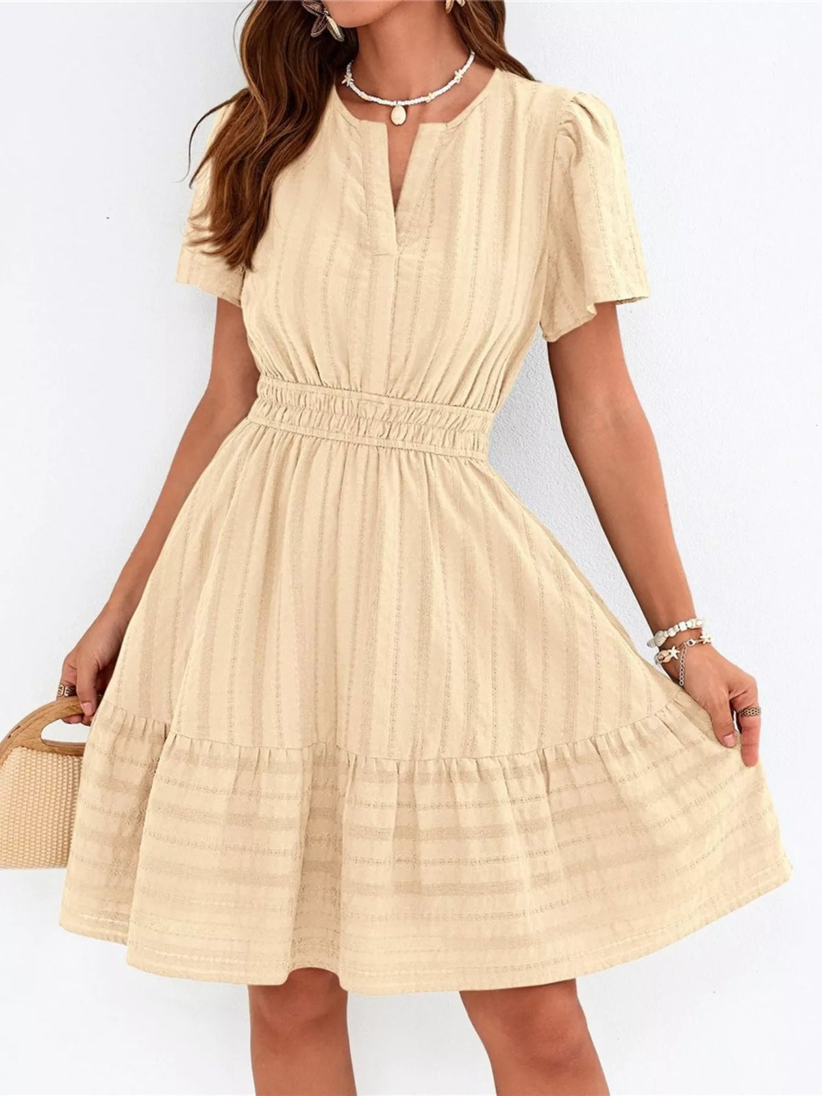 Short sleeve smocked waist tiered midi dress side view